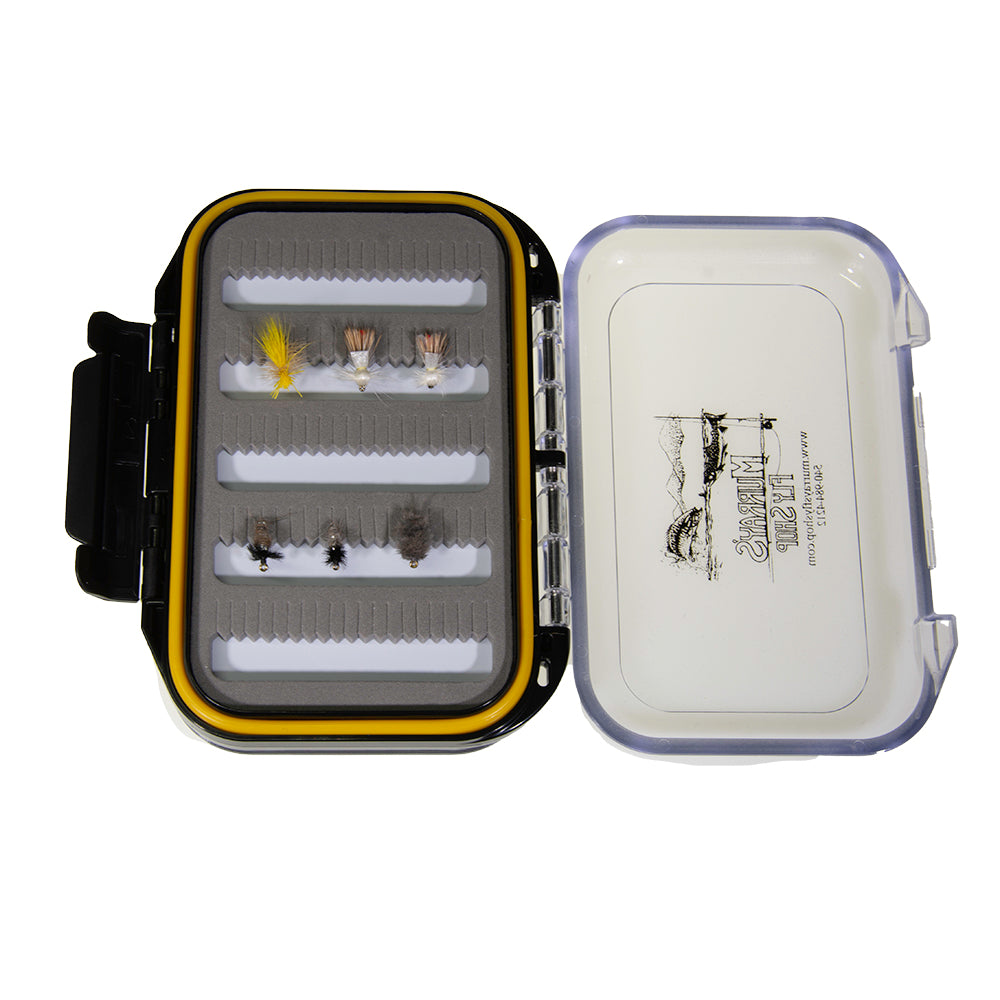 1449 Double Sided Waterproof Fly Box shown with several flies in the slit foam