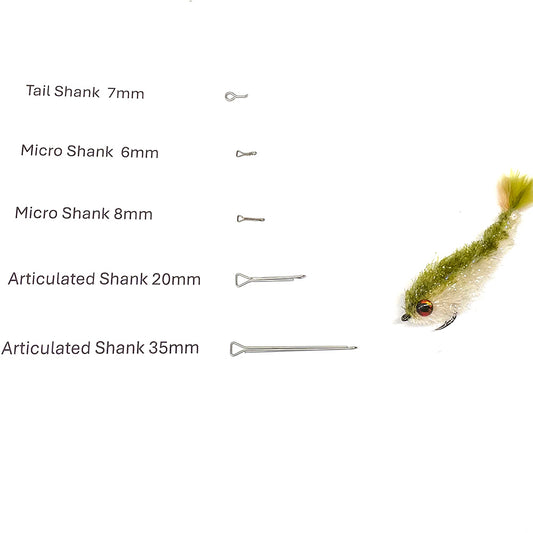 Shown are the Fish Skull Next Generation Shanks in five sizes including the tail shank and an olive/ tan game changer streamer all on a white background.