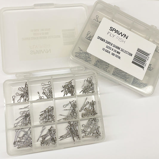 Shown is the spawn super shank selection in clear divided plastic box with 12 different sizes and 15 of each size