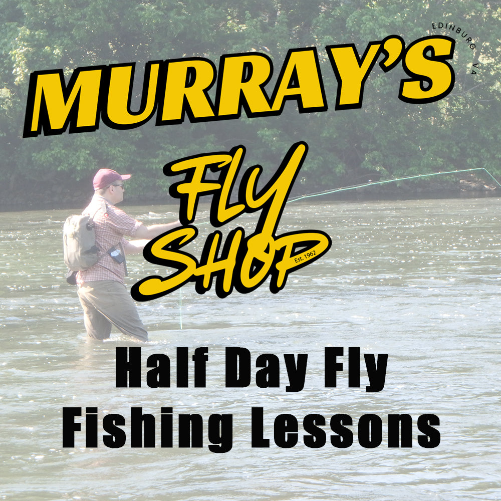 Half Day Fly Fishing Lessons Banner for Murray's Fly Shop showing an angler standing in the river wearing a backpack and red hat and red shirt fishing with a fly rod