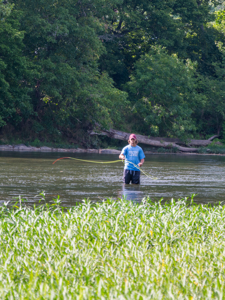 Fly fishing angler casting toward an in river grass bed while standing in the middle of the river.